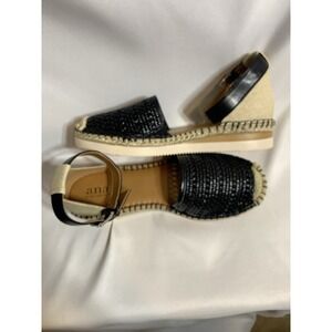 ANA Clara Ankle Sandal Strap Beige Tweed Black Faux Leather Sx 9.5 Beachy Classy
